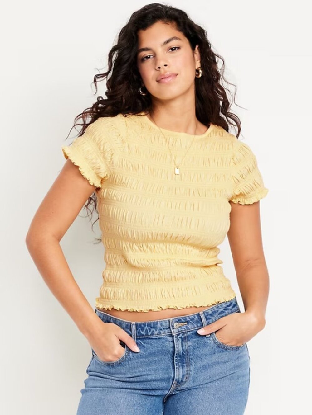 Butter Yellow Slit-Neck Smocked Top